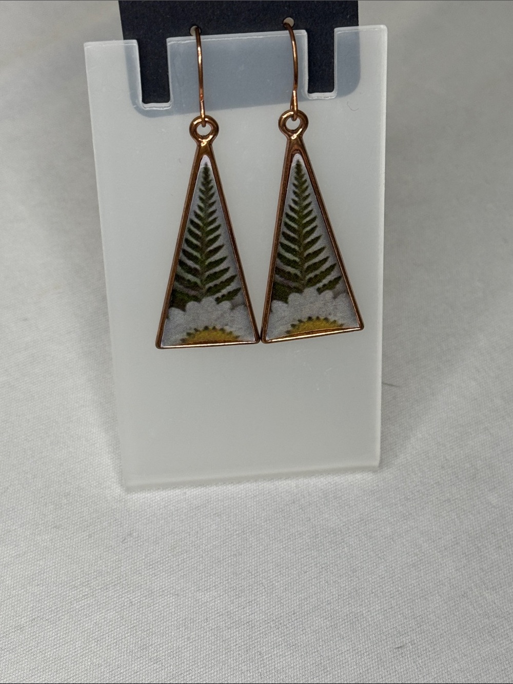 Handcrafted Copper Triangle Fern Drop Earrings in Green and Gold